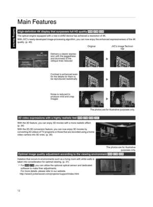 Page 12Main Features
High ­definition  4K display  that  surpasses  full  HD quality 
The optical engine equipped with a new e­shift2 device  has achieved a resolution of 4K.
With  JVC’s  newly­developed  image ­processing  algorithm,  you can  now  enjoy  the enhanced  expressiveness  of the  4K
quality.  (p. 40)
.
4K4K38403840×2160×21604K
3840×2160
Full HD
Full HD19201920×1080×1080Full HD
1920×1080
Noise is reduced to 
produce vivid and crisp 
images Contrast is enhanced even 
for the details for them to...