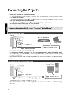 Page 22Connecting the Projector
Do not turn  on the power until connection  is complete.
The connection procedures differ according  to the device  used. For details, please  refer to the instruction manual
of the device  to be connected.
This projector is used for projecting images.  To output  the audio of connected devices, please  connect a separate
audio output  device, such  as an  amplifier  or speaker.
The images  may not be displayed depending  on the devices and cables to be connected.
Use only...