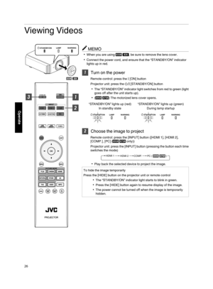 Page 26Viewing Videos
MEMO
When you are using  , be sure to remove the lens cover.
Connect the power cord,  and ensure that the “STANDBY/ON” indicator
lights up in red.
 Turn on the  power
Remote control: press  the C[ON] button
Projector  unit: press  the A[STANDBY/ON] button
The  “STANDBY/ON”  indicator light switches  from red to green  (light
goes off after  the unit starts  up).
() The motorized  lens cover opens.
.
LAMPWARNING
STANDBY/ONNDTANDBYLAMPWARNING
STANDBY/ONNDTANDBY
During lamp...