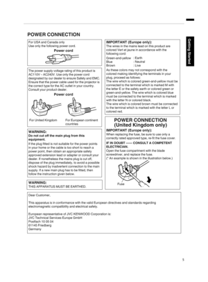 Page 5.  Power cord
  Power cord
For European continent 
countries
For United Kingdom
Green-and-yellow
Blue
Brown
Fuse: Earth
: Neutral
: Live
POWER CONNECTION
WARNING:
WARNING:
Do not cut off the main plug from this 
equipment.
The power supply voltage rating of this product is 
AC110V – AC240V. Use only the power cord 
designated by our dealer to ensure Safety and EMC. 
Ensure that the power cable used for the projector is 
the correct type for the AC outlet in your country. 
Consult your product dealer.
If...
