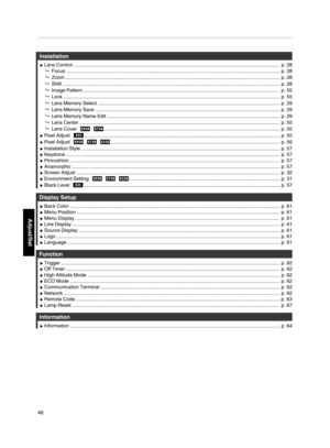 Page 48Installation
I Lens Control ........................................................................\
............................................................................ p. 28
   Focus  ........................................................................\
..................................................................................  p. 28
   Zoom  ........................................................................\...