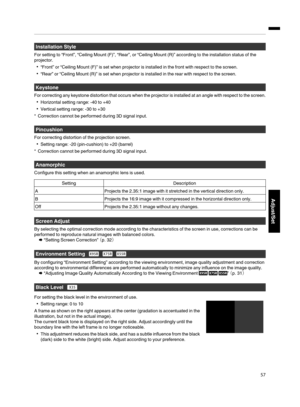 Page 57Installation Style
For  setting to “Front”,  “Ceiling Mount (F)”, “Rear”, or “Ceiling  Mount (R)” according  to the installation  status of the
projector.
“Front”  or “Ceiling  Mount (F)” is set when projector is installed  in the front with respect  to the screen.
“Rear” or “Ceiling  Mount (R)” is set when projector is installed  in the rear with respect to the screen.
Keystone
For correcting  any  keystone  distortion  that occurs  when  the projector  is installed  at  an  angle  with respect  to...