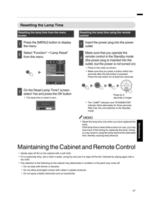 Page 67Resetting the  Lamp  Time
Resetting  the  lamp  time  from  the menu
screen
 Press the [MENU]
 button to display
the  menu
 Select
 “Function” “Lamp Reset”
from the  menu
.MENU BACK
RS-232C
A
Back
Operate
Select
Exit
Function
Lamp Reset Remote Code
Communication TerminalOn
ECO Mode Off
Off
Off
High Altitude Mode
Network Off Timer Trigger
 On the
 Reset Lamp  Time? screen,
select  Yes and press the  OK button
The lamp time is reset to zero.
.No
Ye s Reset Lamp Time?
Resetting
 the  lamp  time  using...