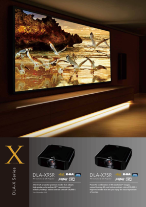Page 3D L A - X   S e r i e s
DL A -X 75R
4K-resolution D -IL A Projec tor 
Powerful combination of 4K-resolution*1 images, 
natural looking 3D, and native contrast ratio of 90,000:1.  
High-end model that lets you enjoy the visual dynamism 
of movies.
DL A -X95R
4K-resolution D -IL A Projec tor
JVC D-I\b A projec tor premium model that adopts 
high-grade parts realises 4K*1 resolution and 
industr y leading* native contrast ratio of 130,000:1.
*As of November 2012 