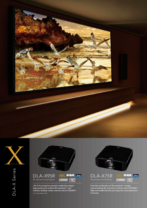 Page 2D L A - X   S e r i e s
DL A -X 75R
4K-resolution D -IL A Projec tor 
Powerful combination of 4K\fresolution*1 images, 
natural looking \bD, and native contrast ratio of 90,000:1.  
High\fend model that lets you enjoy the visual dynamism 
of movies.
DL A -X95R
4K-resolution D -IL A Projec tor
JVC D\fIL A projec tor premium model that adopts 
high\fgrade parts realises 4K\fresolution*1 and 
industr y leading* native contrast ratio of 1\b0,000:1.
*As of November 2012 