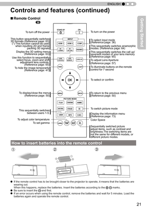 Page 2121
ENGLISH
Controls and features (continued)
■ Remote Control
How to insert batteries into the remote control
●  If the remote control has to be brought closer to the projector to opera\
te, it means that the batteries are 
wearing out.   
When this happens, replace the batteries. Insert the batteries according\
 to the 
 marks.●  Be sure to insert the  end ﬁrst.●  If an error occurs when using the remote control, remove the batteries a\
nd wait for 5 minutes. Load the  batteries again and operate the...