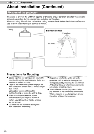 Page 2424
Preparation2
About installation (Continued)
Fixation of the projector
Measures to prevent the unit from toppling or dropping should be taken f\
or safety reasons and 
accident prevention during emergencies including earthquakes.
When mounting this unit on a pedestal or ceiling, remove the 4 feet on t\
he bottom surface and 
use all the 4 screw holes (M5 screws) to mount.
Ceiling■ Bottom Surface
Air inlets
4 locations
Precautions for Mounting
● Special expertise and techniques are required for...