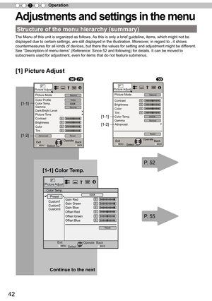 Page 4242
Operation
3
Adjustments and settings in the menu
The Menu of this unit is organized as follows. As this is only a brief guideline, items, which might not be 
displayed due to certain settings, are still displayed in the illustrati\
on. Moreover,
  in regard to , it shows 
countermeasures for all kinds of devices, but there the values for setti\
ng and adjustment might be diff
 erent. 
See  “
D
escription of menu items ”
 (Reference: Since 52 and following) for details. It can be moved to 
subscreens...