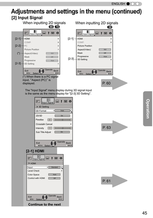 Page 4545
ENGLISH
Adjustments and settings in the menu (continued)
[2] Input Signal
When inputting 2D signals
P. 60
P. 63
[2-1]
[2-3] [2-2][2-1]
[2-3]
Input Signal
 3D Setting
Parallax 　
On2D/3D　
Crosstalk Cancel 　
Auto3D Format　
0
Intensity　
Sub Title Adjust1
ExitMENU BACKBack
Select Operate
On
ExitMENU
BACKBack
Select Operate
Level Check
Input Signal
 HDMI
OffControl with HDMI　
AutoColor Space
　
StandardInput
[2-1] HDMI
P. 61
The "Input Signal" menu display during 3D signal input 
is the same as the...