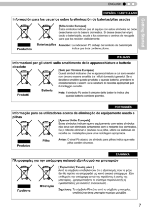 Page 77
ENGLISH
Información para los usuarios sobre la eliminación de baterías/\
pilas usadas
                                                   [Sólo Unión Europea]     
                                                              Estos sí\
mbolos indican que el equipo con estos símbolos no debe
                                                              desecharse\
 con la basura doméstica. Si desea desechar el pro
                                                              ducto o ba\
tería/pila, acuda...