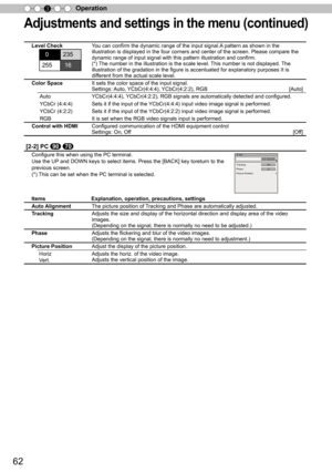 Page 6262
Operation
3
Adjustments and settings in the menu (continued)
Level Check
  0 235
255   16  
You can confirm the dynamic range of the input signal.A pattern as shown in the 
illustration is displayed in the four corners and center of the screen. Please compare the 
dynamic range of input signal with this pattern illustration and confirm.
(*) The number in the illustration is the scale level. This number is not displayed. The 
illustration of the gradation in the figure is accentuated for explanatory...