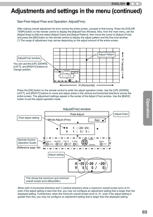 Page 6969
ENGLISH
Pixel Adjust
Adjust(Fine) Red
H      :1 
:20/:20
V        1 
$ 5 /   5  
Color A.GAMMA PIC.
COLOR.
COLOR.
Select
Operate BACK
BACK
TEMP P.FILE. ADJ.A. Area
Color P.
ADJUST.
Pixel Adjust
Whole Adjust (Fine) Red
H      :1 
:20/:20
V        1 
$ 5 /   5  
Color A.GAMMA PIC.
COLOR.
COLOR.
Select
Operate BACK
BACK
TEMP P.FILE. ADJ.A. Area
Color P.
ADJUST.
Pixel Adjust
Whole Adjust (Fine) Red
H      :1 
:20/:20
V        1 
$ 5 /   5 
Color A.GAMMA PIC.
COLOR....