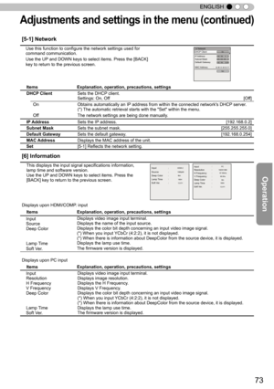 Page 7373
ENGLISH
[5-1] Network 
  Use this function to configure the network settings used for   command communication. 
  Use the UP and DOWN keys to select items. Press the [BACK]  key to return to the previous screen.
Items                                Explanation, operation, precautions, settings
DHCP ClientSets the DHCP client.Settings: On, Off  [Off]
OnObtains automatically an IP address from within the connected network's DHCP server.(*) The automatic retrieval starts with the "Set" within...