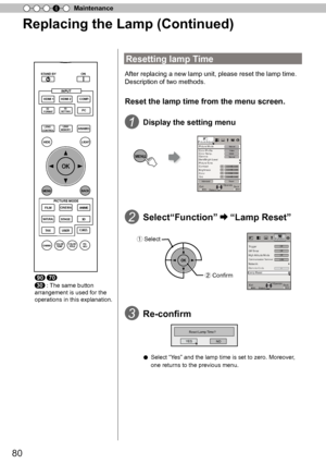 Page 8080
Maintenance4
Replacing the Lamp (Continued)
Resetting lamp Time
After replacing a new lamp unit, please reset the lamp time. 
Description of two methods.
● Select “
Y es ”
 and the lamp time is set to zero. Moreover , 
one returns to the previous menu.
Reset the lamp time from the menu screen.
1
2
3
BACK
HIDE
LIGHT
  PC
HDMI 1
STAND BY
HDMI 2COMP
.
LENS.CONTROL
MENU
GAMMAP.FILE
COLORADJ. PIC.
      ON
FILM
NATURALSTAGE
3D
USER ANIME
CINEMA
PICTURE MODE
INPUT
TEMP
COLOR
    3D 
FORMAT
   LENS...