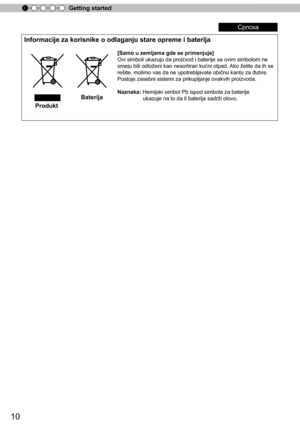 Page 1010
Getting started
Informacije za korisnike o odlaganju stare opreme i baterija
                                                             
                                                              [Samo u ze\
mljama gde se primenjuje]
                                                              Ovi simbol\
i ukazuju da proizvod i baterije sa ovim simbolom ne
                                                              smeju biti odloženi kao nesortiran kućni otpad. Ako želite da ih se...