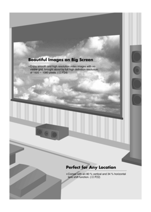 Page 1111
Getting StartedPreparation Basic Operation Settings Troubleshooting Others
Beautiful Images on Big Screen
zEnjoy smooth and high resolution video images with no 
visible grid, brought about by full high definition resolution 
of 1920 c 1080 pixels. (pP24)
Perfect for Any Location
zComes with an 80 % vertical and 34 % horizontal 
lens shift function. (pP22)
DLA-HD1D_EN.book  Page 11  Thursday, January 11, 2007  4:34 PM 