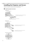 Page 222Preparation
22
Installing the Projector and Screen
Install this unit and the screen. Place this unit and the screen perpendicular to each other.
Failing to do so may give rise to trapezoidal distortion of the projected image.
AInstall the projector and screen
„Left/Right position
*0 % up/down position (center)
„Up/Down position
*0 % left/right position (center)Approximately 34 % (maximum) of the projected image
(Turn the dial to the left for maximum)Approximately 34 % (maximum) of the projected image...
