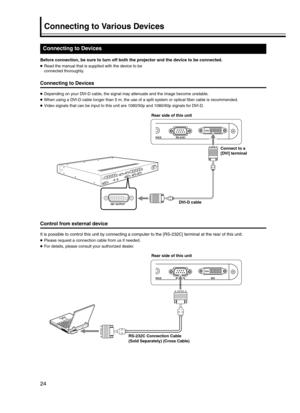 Page 2424
Connecting to Various Devices
Before connection, be sure to turn off both the projector and the device to be connected.
●Read the manual that is supplied with the device to be 
connected thoroughly.
Connecting to Devices
●Depending on your DVI-D cable, the signal may attenuate and the image become unstable.
●When using a DVI-D cable longer than 5 m, the use of a split system or optical fiber cable is recommended.
●Video signals that can be input to this unit are 1080/50p and 1080/60p signals for...