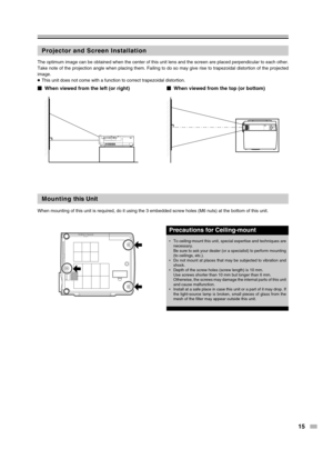 Page 1515
Projector and Screen Installation
When viewed from the left (or right) When viewed from the top (or bottom)
The optimum image can be obtained when the center of this unit lens and \
the screen are placed perpendicular to each other.
Take note of the projection angle when placing them. Failing to do so ma\
y give rise to trapezoidal distortion of the projected
image.
●This unit does not come with a function to correct trapezoidal distortio\
n.
Mounting  this Unit
When mounting of this unit is...