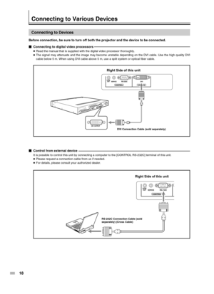 Page 1818
RS-232C
CONTROL
SERVICE SYNC
OUT
DVI  OUTPUT
DVI
VIDEO IN
CONTROL
RS-232CSERVICE SYNC
OUT
Connecting to Various Devices
Connecting to Devices
Before connection, be sure to turn off both the projector and the device to be connected.
Connecting to digital video processors
●Read the manual that is supplied with the digital video processor thoroughly.
●The signal may attenuate and the image may become unstable depending on the DVI cable. Use the high quality DVI
cable below 5 m. When using DVI cable...
