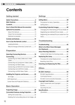 Page 12
1Getting started
1

Contents 
Getting started
Safety Precautions.............................................2
Main Features...................................................10
Contents...........................................................12
How to Read this Manual/Accessories/       
Optional Accessories.......................................13
About this Manual................................................13
Check the Accessories.......................................13
Optional...