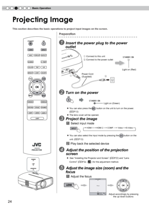 Page 24
3Basic Operation


Projecting Image 
This section describes the basic operations to project input images on t\
he screen. 
Preparation
1 Insert the power plug to the power 
      outlet
2 Turn on the power
    
    ● You can also press the        button on the unit to turn on the power.
                 (P15)
             ● The lens cover will be opened.
3 Project the image
     1 Select input mode
                                        
 ● You can also select the input mode by pressing...