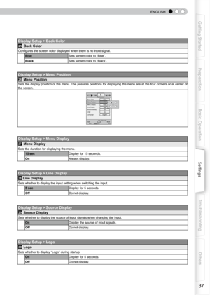 Page 37
 
 
ENGLISH

Getting Started
Preparation
Basic Operation
Troubleshooting
Settings
Others

Display Setup > Back Color
25 Back Color
Configures the screen color displayed when there is no input signal.
BlueSets screen color to “Blue”.
BlackSets screen color to “Black”.
Display Setup > Menu Position
26 Menu Position
Sets the display position of the menu. The possible positions for displaying the menu are at the four corners or at center of 
the screen.
Display SetupBack ColorMenu PositionMenu...