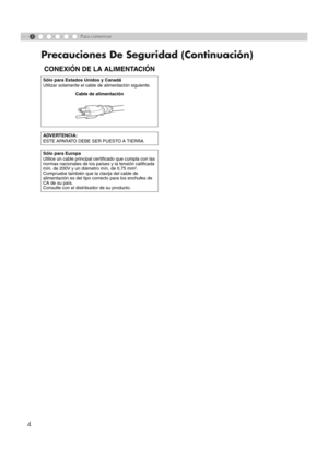 Page 1124
Precauciones De Seguridad (Continuación)
1Para comenzar
CONEXIÓN DE LA ALIMENTACIÓN
Sólo para Estados Unidos y Canadá
Utilizar solamente el cable de alimentación siguiente.Cable de alimentación
ADVERTENCIA:
ESTE APARATO DEBE SER PUESTO A TIERRA.
Sólo para Europa
Utilice un cable principal certificado que cumpla con las 
normas nacionales de los países y la tensión calificada 
mín. de 200V y un diámetro mín. de 0,75 mm². 
Compruebe también que la clavija del cable de 
alimentación es del tipo correcto...