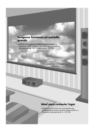 Page 1157
Para comenzarPreparación
Funcionamiento básico
Configuración
Solución de problemas
Otros
Imágenes hermosas en pantalla 
..................................................................grande
zDisfrute de imágenes de vídeo de alta resolución sin 
cuadrícula visible, gracia s a una resolución completa de 
alta definición de 1920 c1080 píxeles. ( pP20 )
........................................................Ideal para cualquier lugar
zViene con una función de conmutación que 
permite alternar entre una...