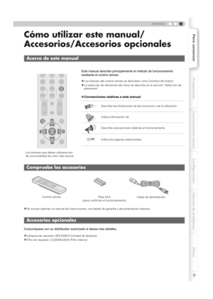 Page 1179
Para comenzarPreparación
Funcionamiento básico
Configuración
Solución de problemas
Otros
ESPAÑOL
Cómo utilizar este manual/
Accesorios/Accesorios opcionales
zSe incluye además un manual de instrucciones, u na tarjeta de garantía y documentación impresa.
Comuníquese con su distribuidor autorizado si desea más detalles.
z
Lámpara de repuesto: BHL5009-S (Unidad de lámpara)
zFiltro de repuesto: LC32058-002A (Filtro interno)
Acerca de este manual
Este manual describe principalmente el método de...