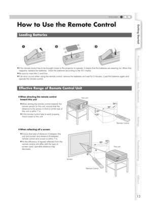 Page 1313
Getting StartedPreparation Basic Operation Settings Troubleshooting Others
ENGLISH
How to Use the Remote Control
zIf the remote control has to be brought closer to the projector  to operate, it means that the batteries are wearing out. When t his 
happens, replace the batteries.  In sert the batteries according to the +- marks.
zBe sure to insert the  - end first.
zIf an error occurs when using the remote control, remove th e batteries and wait for 5 minutes. Load the batteries again and 
operate the...