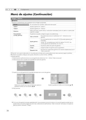 Page 1344
26
Menú de ajustes (Continuación)
Configuración
z
“Normal” es la opción adecuada en circunstancias normal es pero puede seleccionar otras opciones según lo prefiera.
zTambién es posible configurar este ajuste utilizando el control remoto. ( pP12 )
* “Ajuste gamma”
A Seleccione el coeficiente de la curva de gamma de referencia (1,8  f 2,6) en “Valor corrección”.
B Seleccione el color a ajustar en la pantalla de ajuste de gamma.
D Para terminar
zSi la curva de gamma se ajusta repetidamente, se acumul...