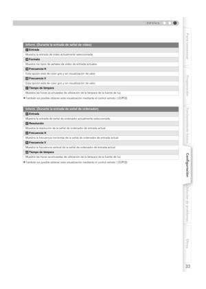 Page 14133
ESPAÑOL
Para comenzar Preparación
Funcionamiento básico
Configuración
Solución de problemas
Otros
zTambién es posible obtener esta visualización mediante el control remoto. (pP12 )
zTambién es posible obtener esta visualización mediante el control remoto. ( pP12 )
Inform. (Durante la entrada de señal de vídeo)
kEntrada
Muestra la entrada de vídeo actualmente seleccionada.
l Formato
Muestra los tipos de señales de vídeo de entrada actuales.
m Frecuencia H
Esta opción está de color gris y sin...