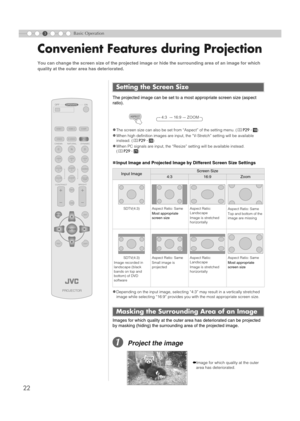 Page 2222
3Basic Operation
Convenient Features during Projection
The projected image can be set to a most appropriate screen size (aspect 
ratio). 
z
The screen size can also be set from “Aspect” of the setting menu. (pP29 -  S)
zWhen high definition images are input,  the “V-Stretch” setting will be available 
instead. ( pP29 -  T)
zWhen PC signals are input, the “Resize” setting will be available instead.       
(p P29 -  U)
„Input Image and Projected Image by Different Screen Size Settings
z
Depending on the...