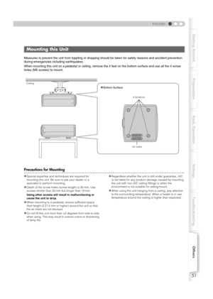 Page 5151
ENGLISH
Getting Started Preparation Basic Operation Settings Troubleshooting Others
Measures to prevent the unit from toppling or dropping should be taken for safety reasons and accident prevention 
during emergencies including earthquakes.
When mounting this unit on a pedesta l or ceiling, remove the 4 feet on the bottom surface and use all the 4 screw 
holes (M5 screws) to mount.
........................................................................\
.................................Precautions...