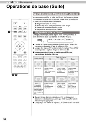 Page 11234
Mise en oeuvre
3
Opérations de base (Suite)
O péra tio ns u tile s f r é q uem men t u tilis ées
     Régler de la taille de l ’
écran
       Masquage de la zone périphérique d ’
une image
     Désactiver temporairement la vidéo
     Réglage de la correction du trapèze
L ’
image projetée peut être réglée pour correspondre à la 
taille d ’
écran la plus appropriée. (Format d ’
image).
●  La taille de l
’
écran peut aussi être réglée à partir d ’
Aspect du 
menu de configuration. (Page de référence:...