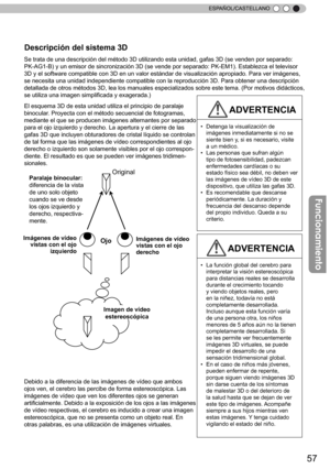 Page 21357
ESPAÑOL/CASTELLANO
Se trata de una descripción del método 3D utilizando esta unidad, gafas 3D (se venden por separado: 
PK-AG1-B) y un emisor de sincronización 3D (se vende por separado: PK-EM1). Establezca el televisor 
3D y el software compatible con 3D en un valor estándar de visualización apropiado. Para ver imágenes, 
se necesita una unidad independiente compatible con la reproducción 3D. Para obtener una descripc
ión 
detallada de otros métodos 3D, lea los manuales especializados sobre este...