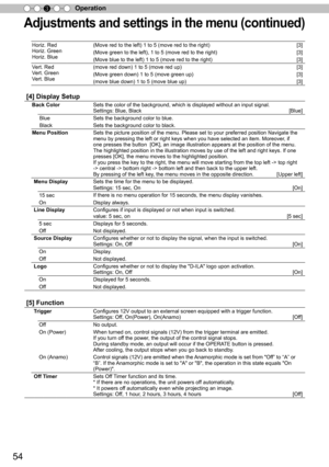 Page 5454
Operation
3
Horiz. Red
Horiz. Green
Horiz. Blue (Move red to the left) 1 to 5 (move red to the right) 
[3]
(Move green to the left), 1 to 5 (move red to the right)  [3]
(Move blue to the left) 1 to 5 (move red to the right)  [3]
Vert. Red
Vert. Green
Vert. Blue (move red down) 1 to 5 (move red up) 
[3]
(Move green down) 1 to 5 (move green up)  [3]
(move blue down) 1 to 5 (move blue up)  [3]
[4] Display Setup
Back ColorSets the color of the background, which is displayed without an input si\
gnal....
