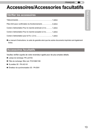 Page 9113
FRANÇAIS
Accesso ir e s/A ccesso rie s f a cu lt a tif s
Télécommande  ........................................................................... 1 pièce
Piles  AAA (pour confirmation du fonctionnement)  ......................2 pièce
Cordon d ’
alimentation Pour le marché américain (2 m)  .............1 pièce
Cordon d’alimentation Pour le marché européen (2 m) ..............1 pièce
Cordon d’alimentation pour le R.U. (2 m)  ................................... 1 pièce
● Le manuel d’instructions, la...