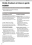 Page 15072
Autres
5
Mises en garde
D
ro it s  d ’
a u te u rs  e t m is e e n  g ard e
Caractéristiques du D-ILA
Ne pas projeter des images fixes ou des images qui 
ont des parties fixes pendant une longue durée. Les 
parties fixes de l ’
image pourraient rester sur l ’
écran.
Portez une attention particulière aux images sur 
les écrans de jeux vidéo et de programmes d ’
ordinateur . Il n’
y a aucun problème avec les images 
vidéo normales, comme les fil
ms.
Lorsque l ’
appareil est inutilisé 
pendant une...