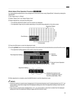 Page 59Whole Adjust (Fine) Operation Procedure 
For making general adjustments on the misalignment of the entire screen using “Adjust(Pixel)”, followed by making fine
adjustments.
A
Set “Adjust Area” to “Whole”
B
Select “Adjust Color” and “Adjust Pattern Color”
C
Select Adjust(Fine), and press the [OK] button
The selected adjustment pattern and Fine window are displayed.
The adjustable range may be smaller depending on the pixels being adjusted on the entire screen.
Color A.GAMMABACKADJUST.COLOR.Color...