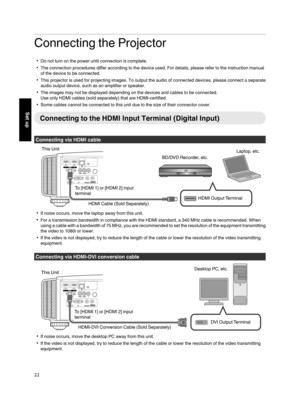 Page 22Connecting the Projector
Do not turn on the power until connection is complete.
The connection procedures differ according to the device used. For details, please refer to the instruction manual
of the device to be connected.
This projector is used for projecting images. To output the audio of connected devices, please connect a separate
audio output device, such as an amplifier or speaker.
The images may not be displayed depending on the devices and cables to be connected.
Use only HDMI cables (sold...