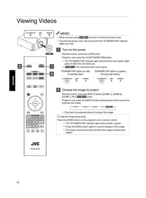 Page 26Viewing Videos
MEMO
When you are using 
, be sure to remove the lens cover.
Connect the power cord, and ensure that the “STANDBY/ON” indicator
lights up in red.

Turn on the power
Remote control: press the C[ON] button
Projector unit: press the A[STANDBY/ON] button
The “STANDBY/ON” indicator light switches from red to green (light
goes off after the unit starts up).
() The motorized lens cover opens.
LAMP WARNING
STANDBY/ONNDTANDBYLAMPWARNING
STANDBY/ONNDTANDBY
During lamp startup...