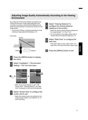 Page 31Adjusting Image Quality Automatically According to the Viewing
Environment
By configuring “Environment Setting” according to the
viewing environment, image quality adjustment and
correction according to environmental differences are
performed automatically to minimize any influence on the
image quality.
“Environment Setting” is applied separately from the
individual image adjustment settings (p. 47).
Projector Viewer Viewing 
DistanceScreen Size Screen - Front View -
Press the [MENU] button to display...