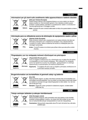 Page 7ITALIANO
Informazioni per gli utenti sullo smaltimento delle apparecchiature e batterie obsolete
[Solo per l’Unione Europea]
Questi simboli indicano che le apparecchiature a cui sono relativi non devono 
essere smaltite tra i rifiuti domestici generici. Se si desidera smaltire questo 
prodotto o questa batteria, prendere in considerazione i sistem i o le strutture di 
raccolta appropriati per il riciclaggio corretto.
Nota:Il simbolo Pb sotto il simbolo delle batter ie indica che questa batteria contiene...