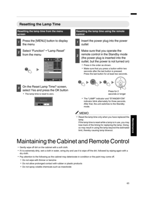 Page 65Resetting the Lamp Time
Resetting the lamp time from the menu
screen
Press the [MENU] button to display
the menu
Select “Function”“Lamp Reset”
from the menu
MENUBACK
RS-232C
A
Back Operate
Select Exit
Function
Lamp Reset Remote Code
Communication TerminalOn
ECO ModeOff
Off
Off High Altitude Mode
Network Off Timer Trigger
On the Reset Lamp Time? screen,
select Yes and press the OK button
The lamp time is reset to zero.
No Ye sReset Lamp Time?
Resetting the lamp time using the remote
control
Insert...