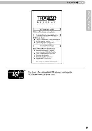 Page 1111
ENGLISH
For detail information about ISF, please refer web site 
http://www .imagingscience.com / 
Getting Started   