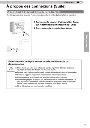 Page 10931
FRANÇAIS
À propos des connexions (Suite)
Connexion du cordon d'alimentation (fourni)
Une fois que vous avez connecté l’
équipement, connectez le cordon d ’
alimentation du projecteur .
1        HDMI         2
RS-232-C
3D CR/PRCB/PB   Y
SYNCHRO PC
TRIGGERREMOTE
CONTROL
STANDBY/ON
MENUBACK
INPUTOK
Cordon dalimentation
(Fourni)
1
2
1   Connectez le cordon d ’
alimentation fourni 
sur le terminal d ’
alimentation de l ’
unité
2   Raccordez à la prise d ’
alimentation
●  Étant donné que cette unité...