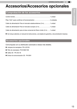 Page 16913
ESPAÑOL/CASTELLANO
Acceso rio s/A cceso rio s o pcio nale s
Control remoto  ........................................................................................... 1 unidad
Pilas  “
AAA ”
 (para confirmar el funcionamiento)  ........................................2 unidades
Cable de alimentación Para el mercado estadounidense (2 m)  ................1 unidad
Cable de alimentación Para el mercado europeo (2 m)  ............................ 1 unidad
Cable de alimentación para el área comercial de...