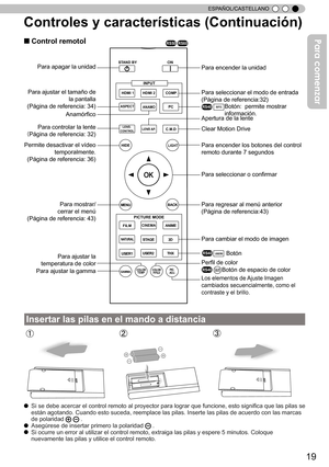 Page 17519
ESPAÑOL/CASTELLANO
Controles y características (Continuación)
Ù Control remotol
Insertar las pilas en el mando a distancia
Ô 
Si se debe acercar el control remoto al proyector para lograr que funcione, esto significa que las pilas se 
están agotando. Cuando esto suceda, reemplace las pilas. Inserte las pilas de acuerdo con las marcas 
de polaridad 
 .Ô Asegúrese de insertar primero la polaridad .Ô Si ocurre un error al utilizar el control remoto, extraiga las pilas y espere 5 minutos. Coloque...